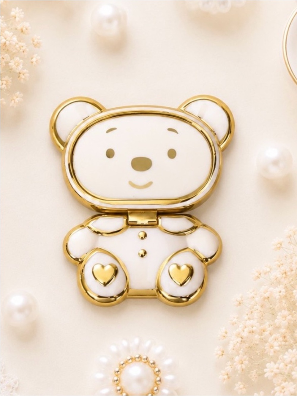 White With Gold Trim Bear Phone Mirror Accessory